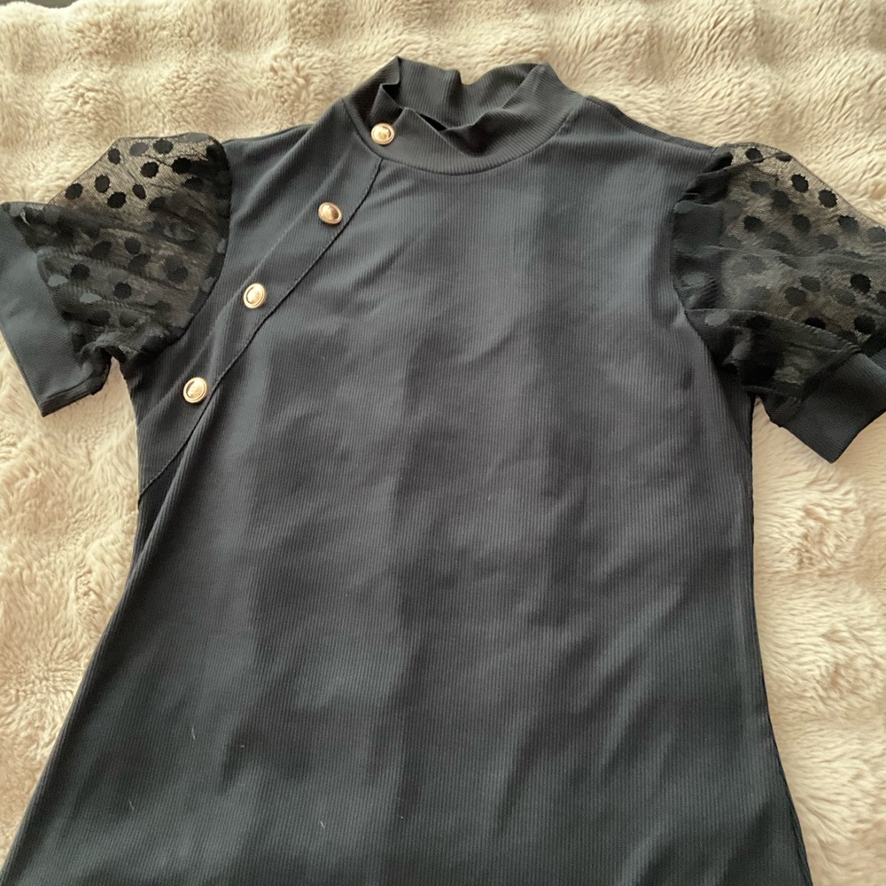 Black Top with Sheer Polka Dot Sleeves